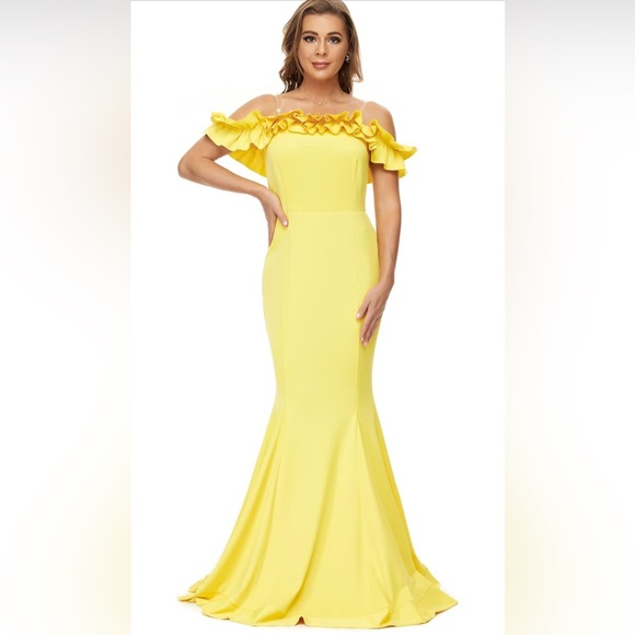 Cololura Sexy Floor-Length Off Shoulder Ruffles Stringy Selvedge Mermaid Bodycon - Picture 3 of 7